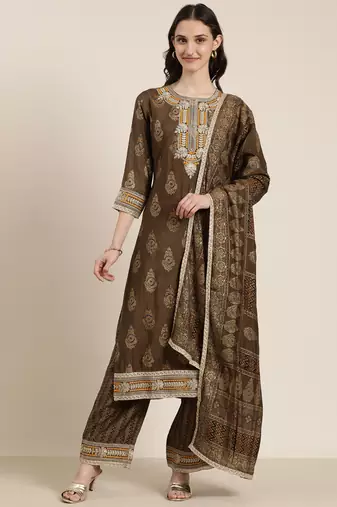 women's round neck ethnic motifs foil print bronze straight kurta and trouser with dupatta