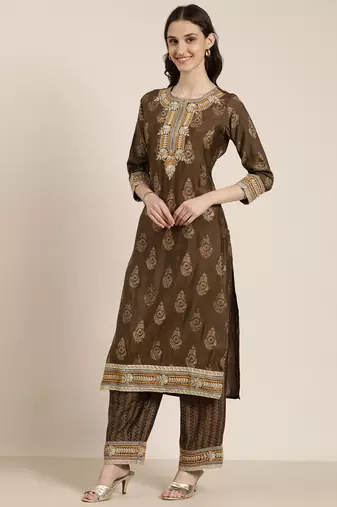 women's round neck ethnic motifs foil print bronze straight kurta and trouser with dupatta