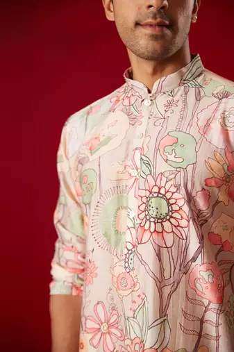  multi color base cream cotton blend kurta pyjama set