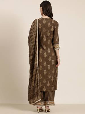 women's round neck ethnic motifs foil print bronze straight kurta and trouser with dupatta 5