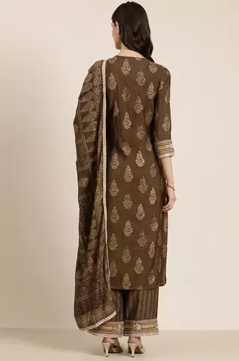 women's round neck ethnic motifs foil print bronze straight kurta and trouser with dupatta