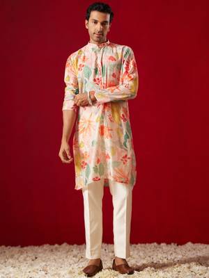 Multi Color Base Pink Cotton Blend Kurta Pyjama Set 1