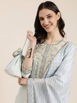 women's round neck ethnic motifs zari blue straight kurta and trouser with dupatta 1