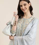 women's round neck ethnic motifs zari blue straight kurta and trouser with dupatta