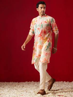 Multi Color Base Pink Cotton Blend Kurta Pyjama Set 2