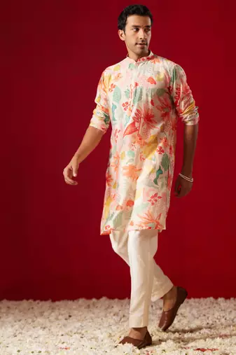 Multi Color Base Pink Cotton Blend Kurta Pyjama Set