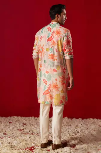 Multi Color Base Pink Cotton Blend Kurta Pyjama Set