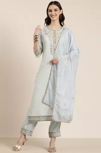 women's round neck ethnic motifs zari blue straight kurta and trouser with dupatta