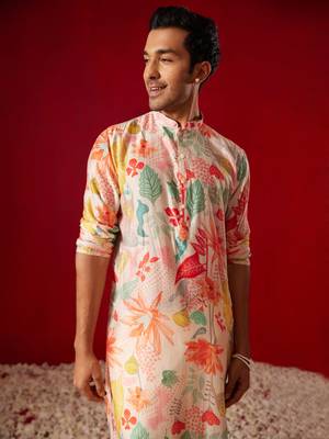 Multi Color Base Pink Cotton Blend Kurta Pyjama Set 4