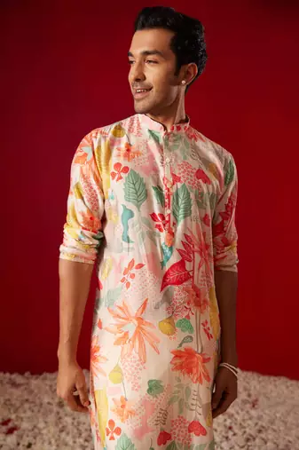 Multi Color Base Pink Cotton Blend Kurta Pyjama Set