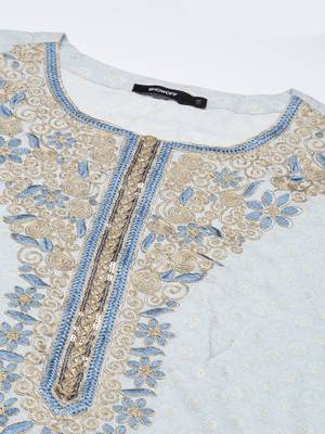 women's round neck ethnic motifs zari blue straight kurta and trouser with dupatta 3