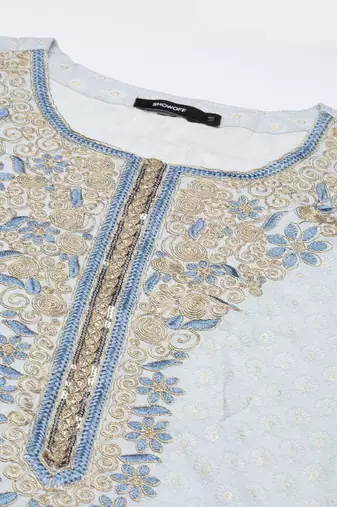 women's round neck ethnic motifs zari blue straight kurta and trouser with dupatta