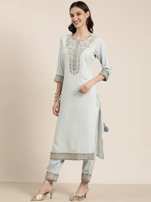 women's round neck ethnic motifs zari blue straight kurta and trouser with dupatta 4