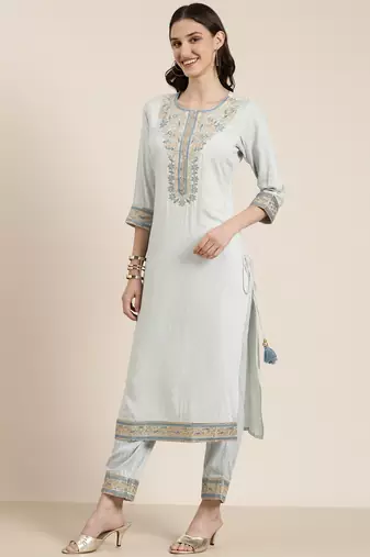 women's round neck ethnic motifs zari blue straight kurta and trouser with dupatta