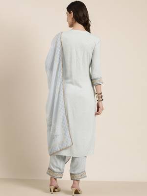 women's round neck ethnic motifs zari blue straight kurta and trouser with dupatta 5