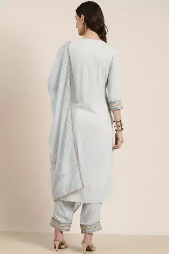 women's round neck ethnic motifs zari blue straight kurta and trouser with dupatta