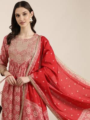 women's round neck ethnic motifs foil print red a-line kurta and trouser with dupatta 1
