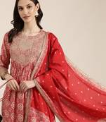 women's round neck ethnic motifs foil print red a-line kurta and trouser with dupatta