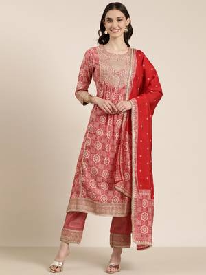 women's round neck ethnic motifs foil print red a-line kurta and trouser with dupatta 2