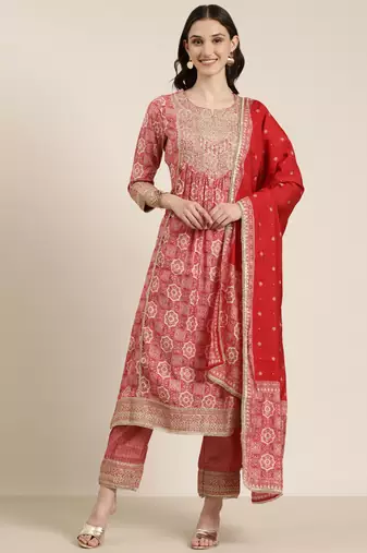 women's round neck ethnic motifs foil print red a-line kurta and trouser with dupatta