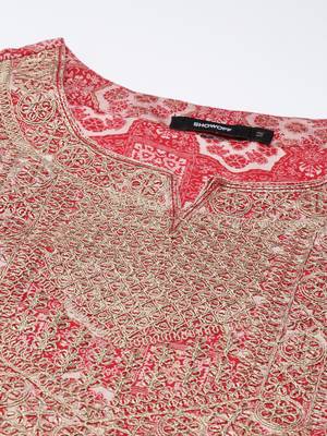 women's round neck ethnic motifs foil print red a-line kurta and trouser with dupatta 3