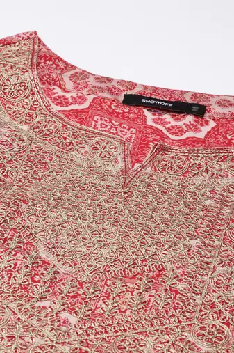 women's round neck ethnic motifs foil print red a-line kurta and trouser with dupatta