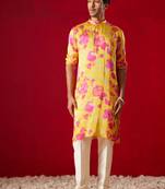 Yellow Cotton Blend Kurta Pyjama Set