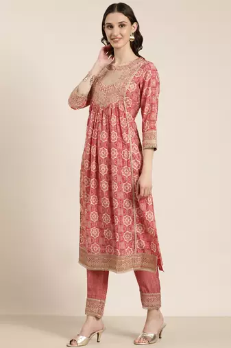 women's round neck ethnic motifs foil print red a-line kurta and trouser with dupatta