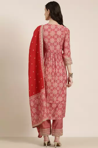 women's round neck ethnic motifs foil print red a-line kurta and trouser with dupatta