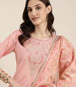 women's round neck geometric foil print pink straight kurta and trouser with dupatta