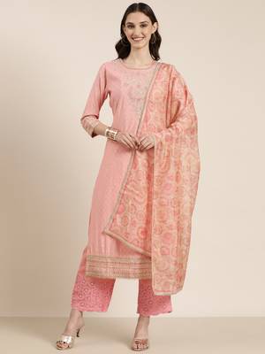 women's round neck geometric foil print pink straight kurta and trouser with dupatta 2