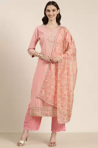 women's round neck geometric foil print pink straight kurta and trouser with dupatta