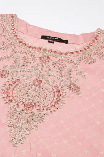women's round neck geometric foil print pink straight kurta and trouser with dupatta