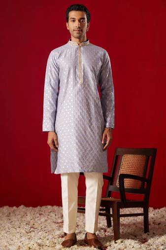 Men'S Aqua Silk Blend Kurta Pyjama Set