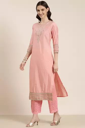women's round neck geometric foil print pink straight kurta and trouser with dupatta