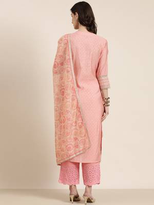 women's round neck geometric foil print pink straight kurta and trouser with dupatta 5