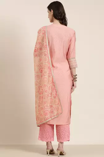 women's round neck geometric foil print pink straight kurta and trouser with dupatta
