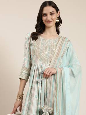 women's round neck floral foil print turquoise blue straight kurta and trouser with dupatta 1
