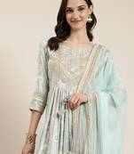 women's round neck floral foil print turquoise blue straight kurta and trouser with dupatta