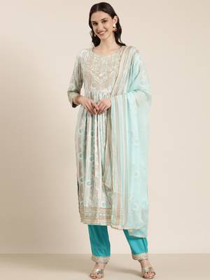 women's round neck floral foil print turquoise blue straight kurta and trouser with dupatta 2