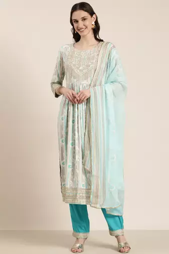 women's round neck floral foil print turquoise blue straight kurta and trouser with dupatta