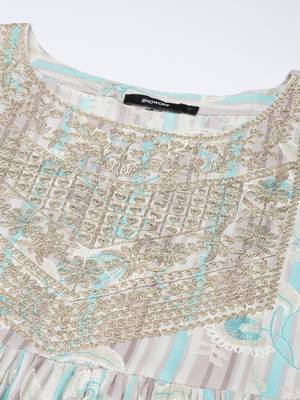 women's round neck floral foil print turquoise blue straight kurta and trouser with dupatta 3