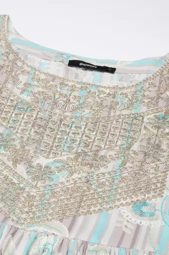 women's round neck floral foil print turquoise blue straight kurta and trouser with dupatta