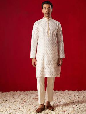 Cream Silk Blend Kurta Pyjama Set 1