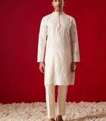 Cream Silk Blend Kurta Pyjama Set