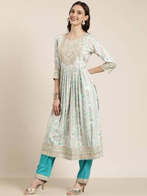 women's round neck floral foil print turquoise blue straight kurta and trouser with dupatta 4