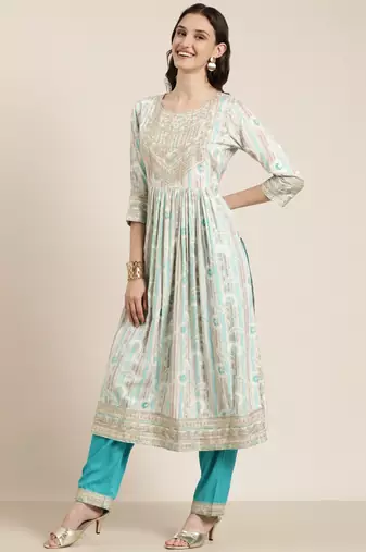 women's round neck floral foil print turquoise blue straight kurta and trouser with dupatta