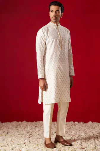 Cream Silk Blend Kurta Pyjama Set