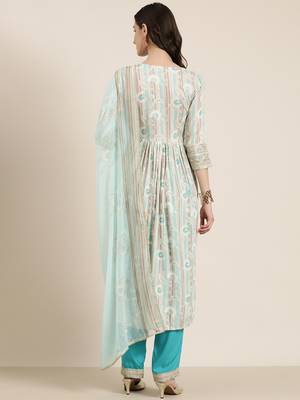 women's round neck floral foil print turquoise blue straight kurta and trouser with dupatta 5