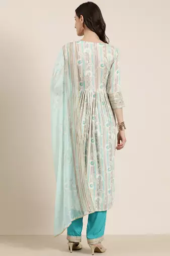 women's round neck floral foil print turquoise blue straight kurta and trouser with dupatta